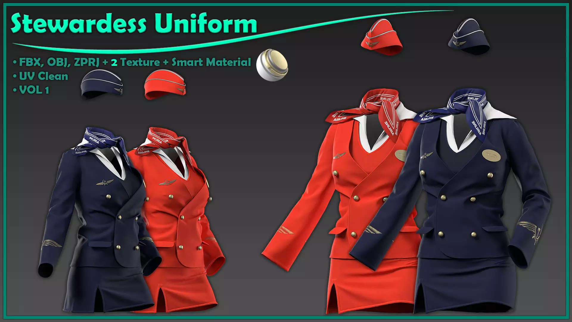 female stewardess uniform with 2texture and smart material 3D model_0