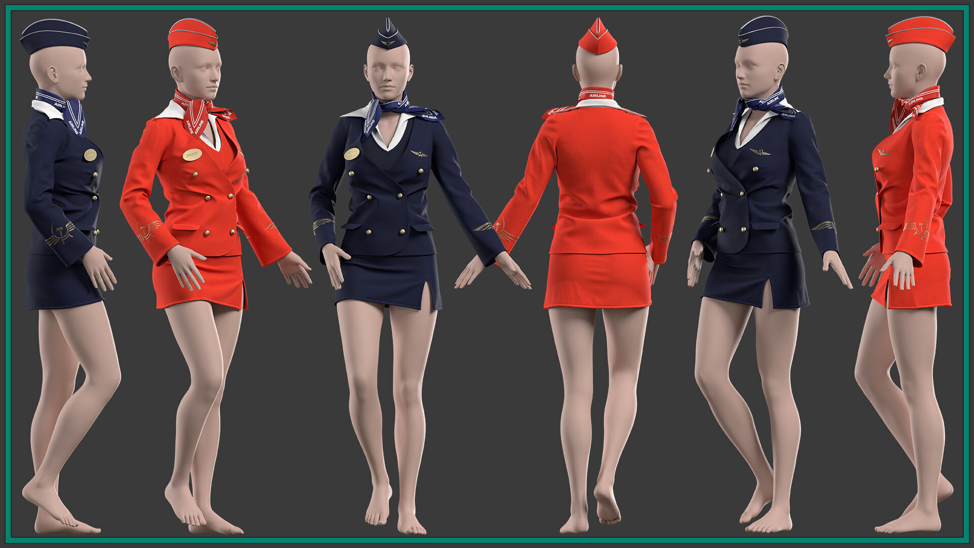 female stewardess uniform with 2texture and smart material 3D model_3