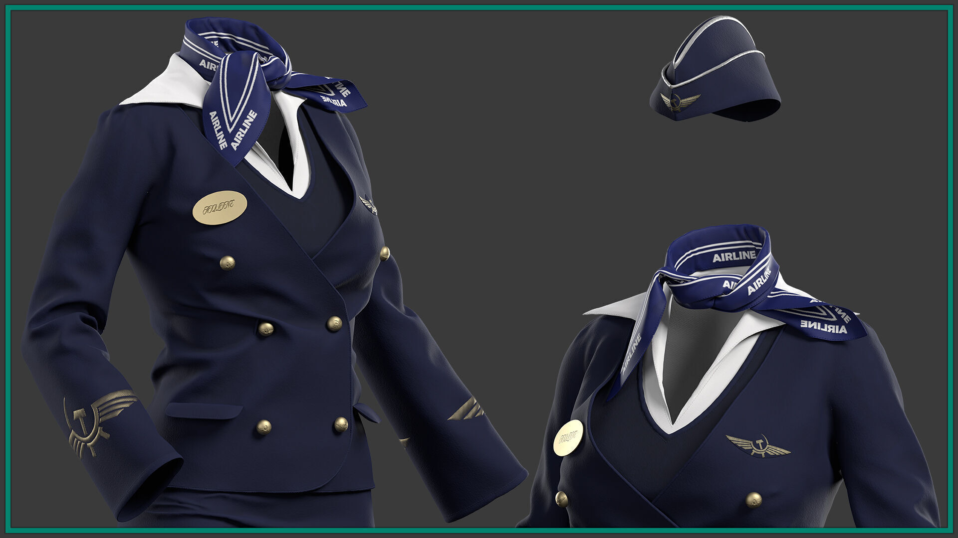 female stewardess uniform with 2texture and smart material 3D model_4