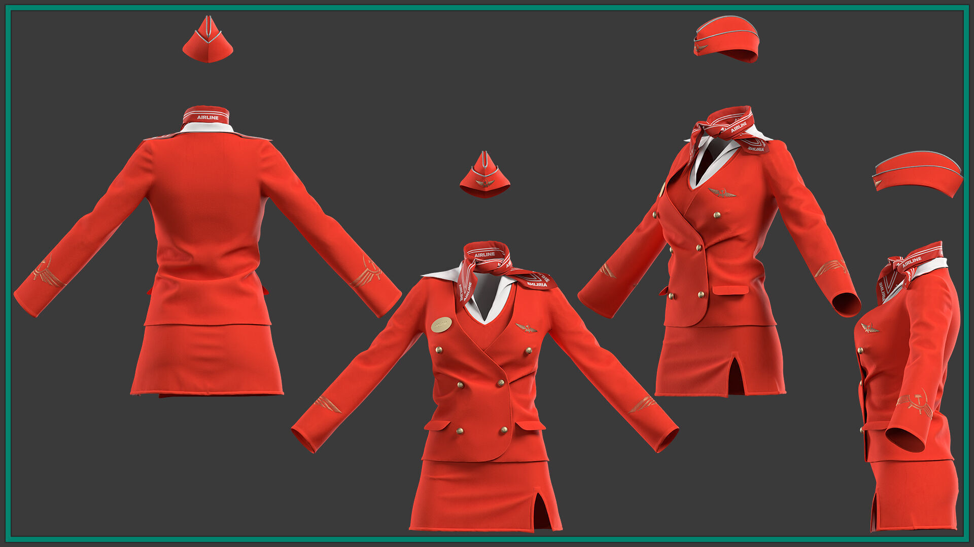 female stewardess uniform with 2texture and smart material 3D model_2