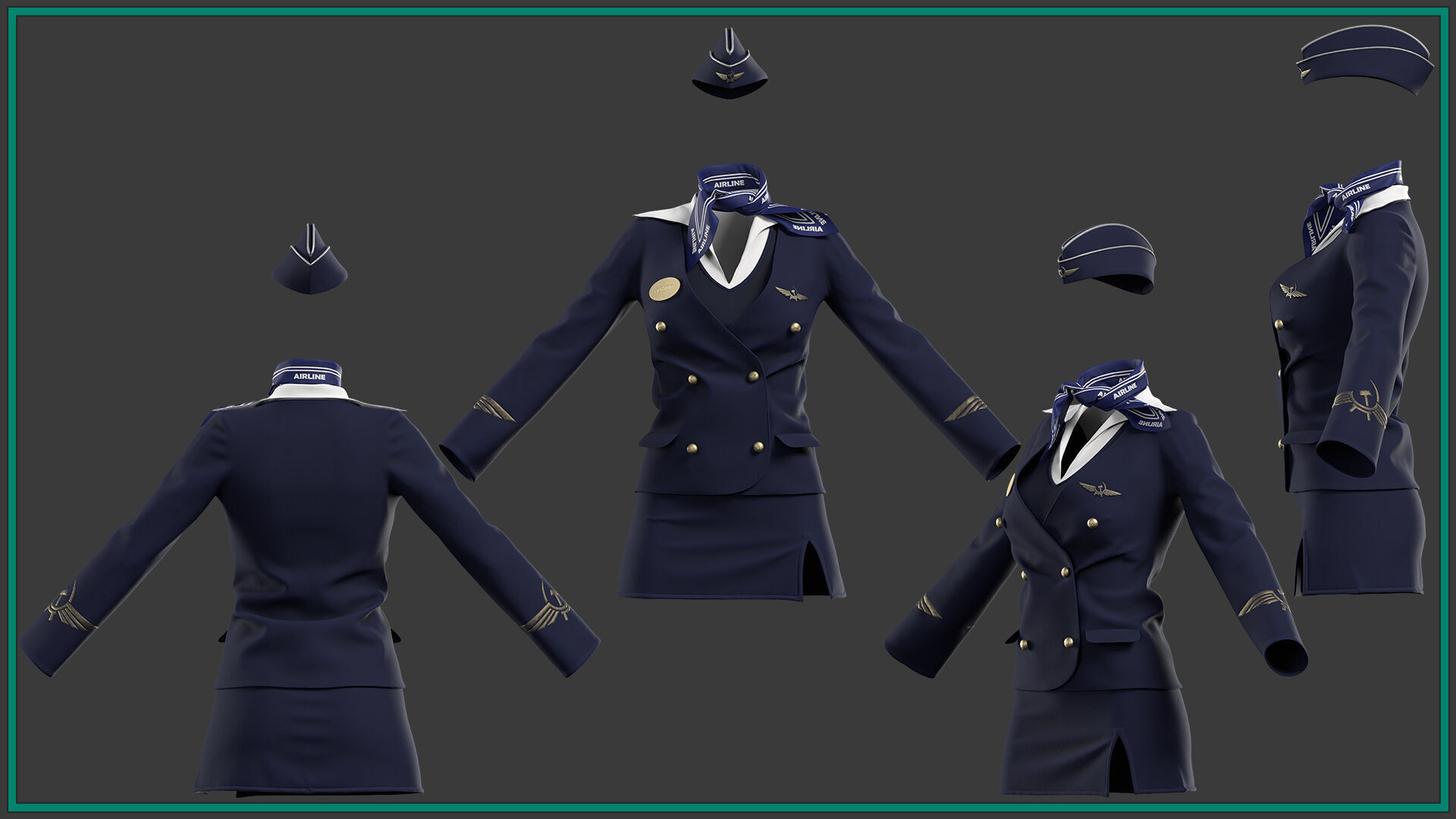 female stewardess uniform with 2texture and smart material 3D model_1
