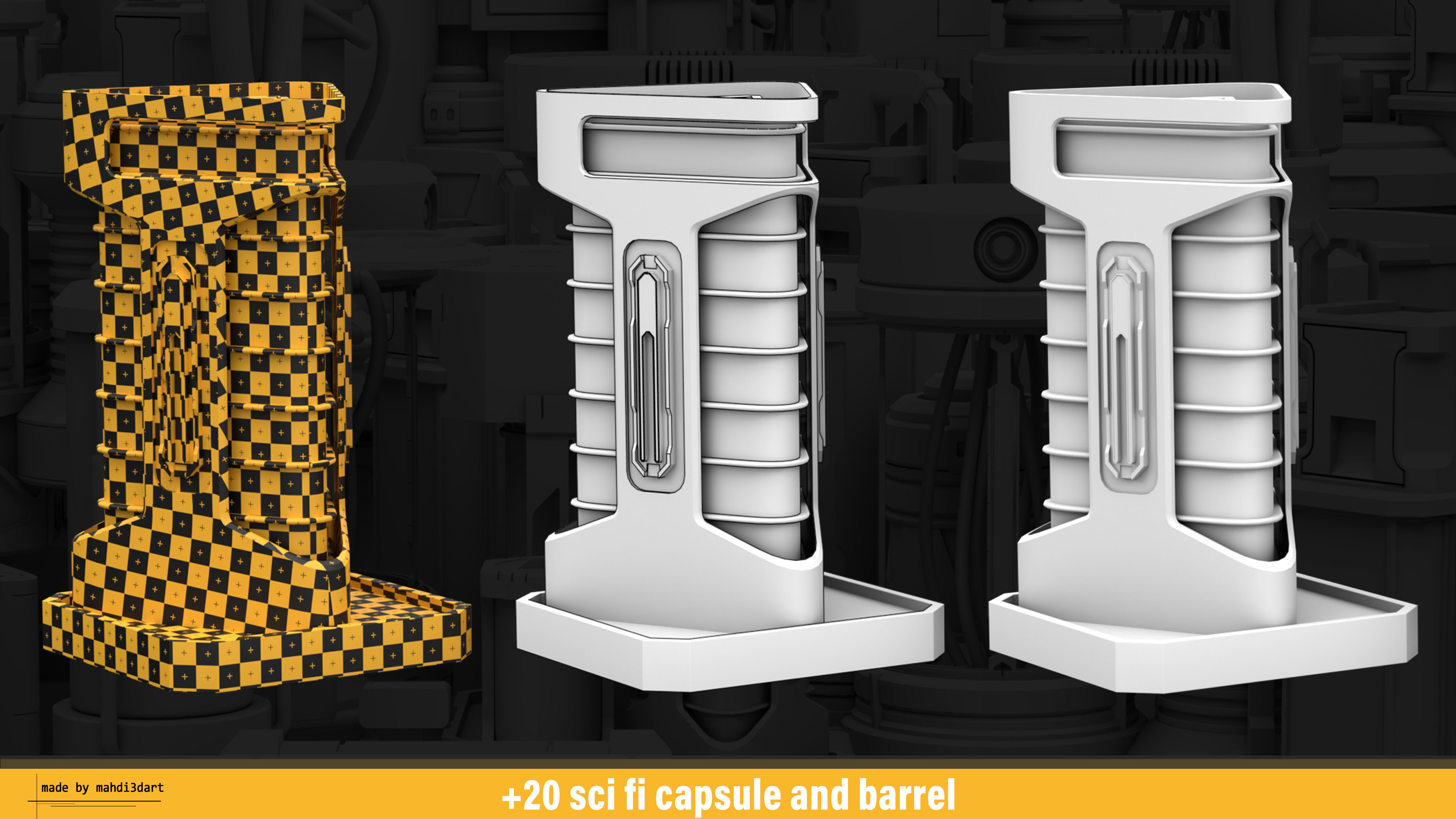 20 sci fi capsule and barrel kitbash 3D model_3