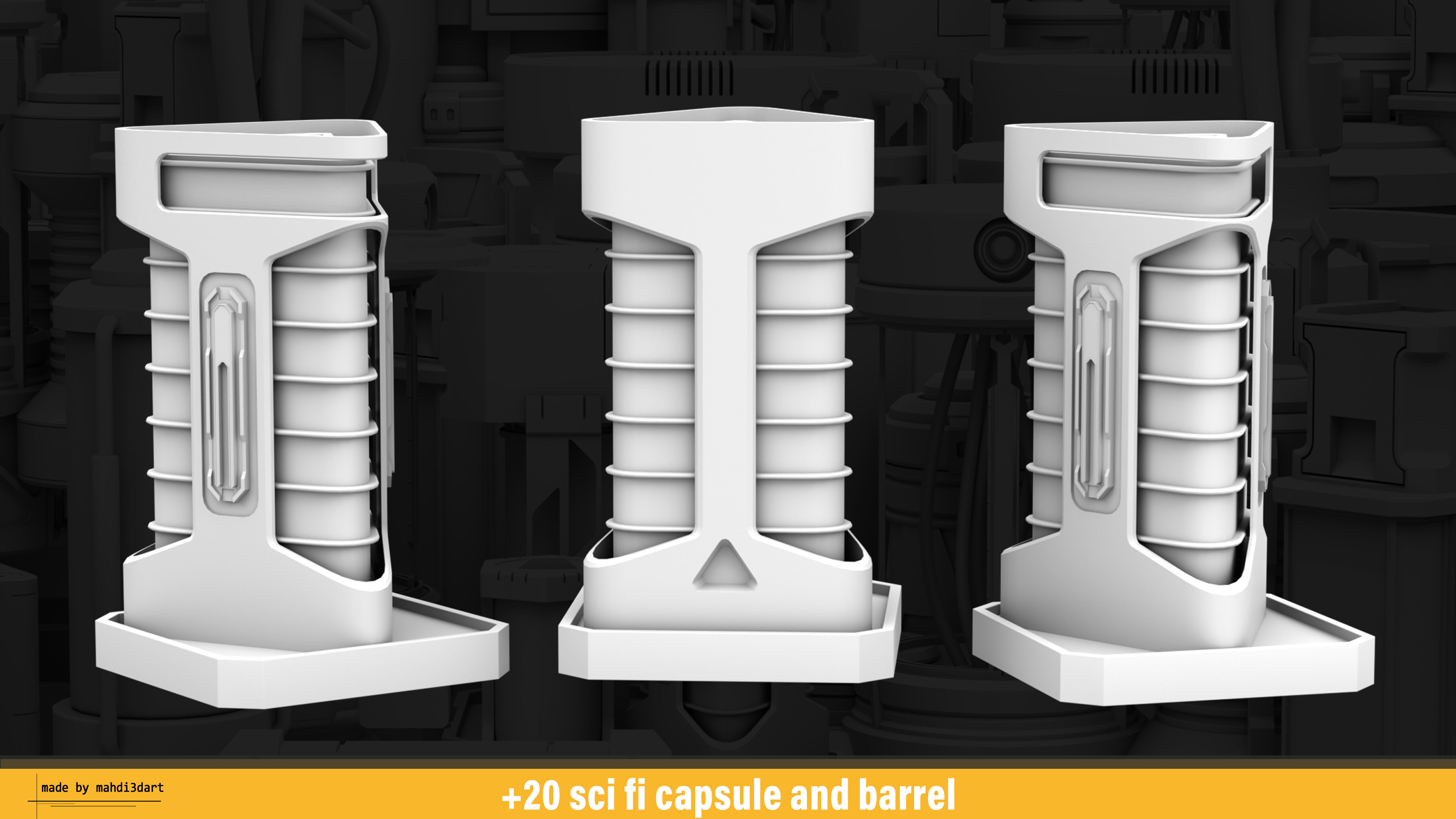 20 sci fi capsule and barrel kitbash 3D model_7