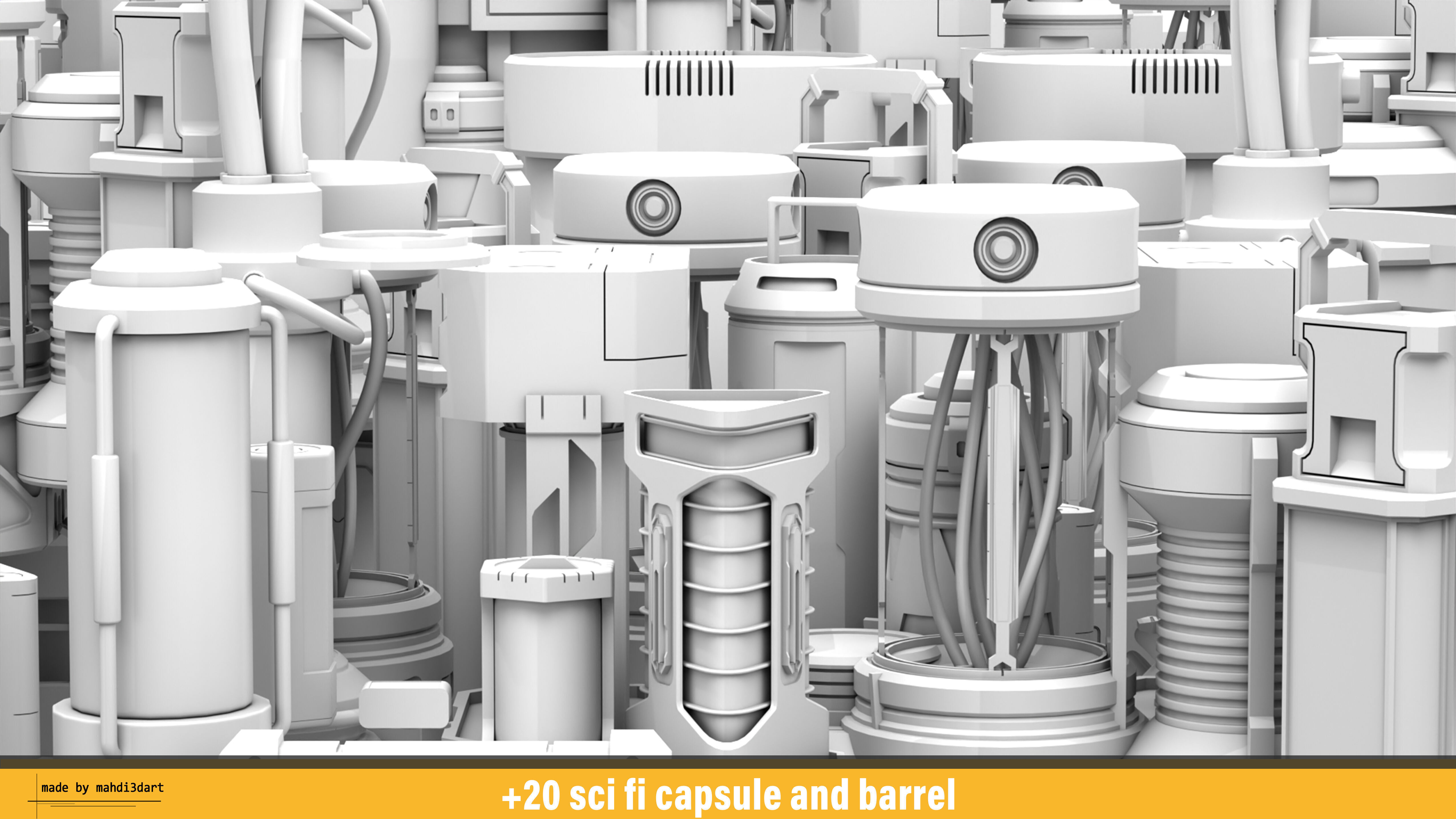20 sci fi capsule and barrel kitbash 3D model_1