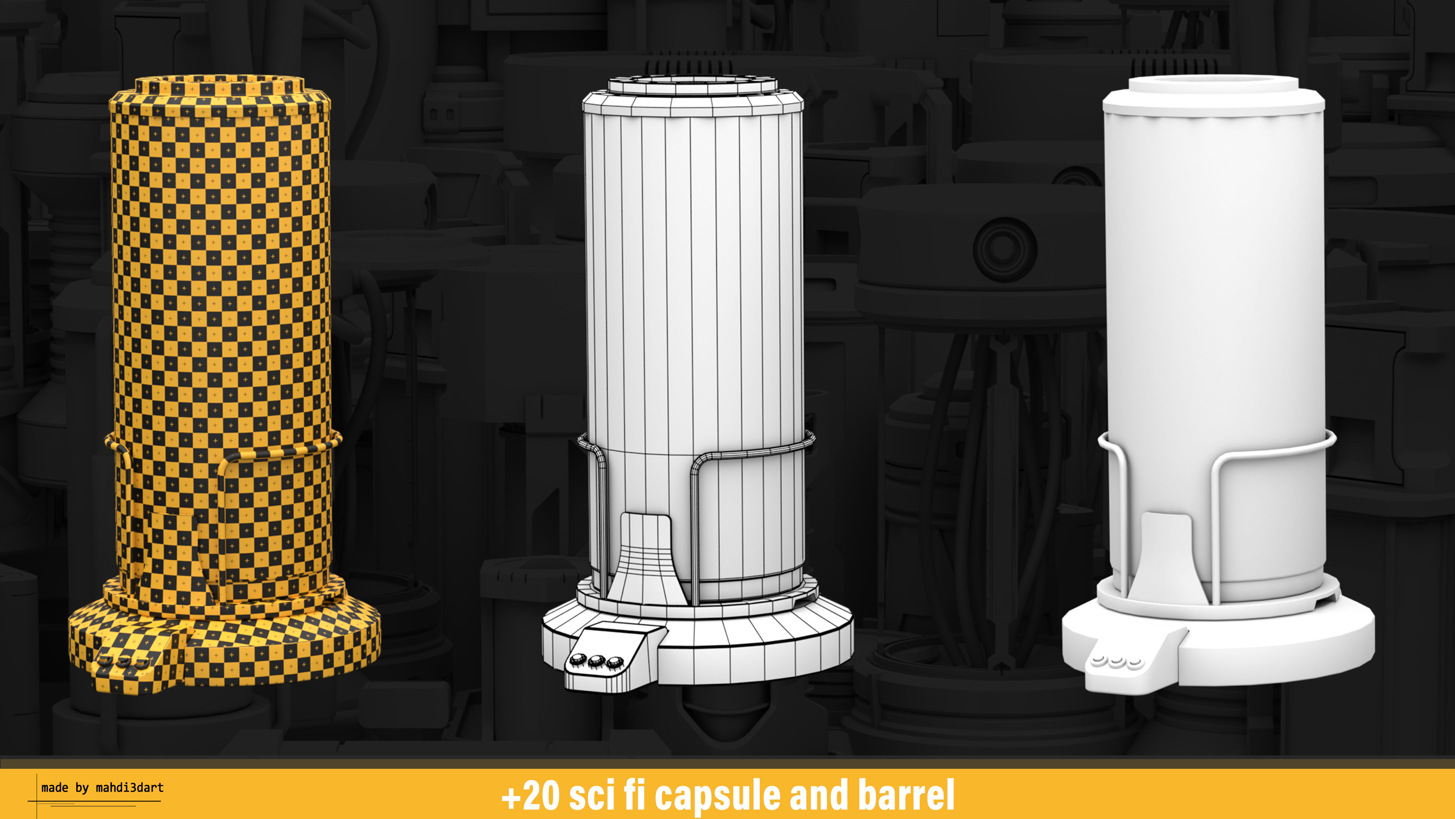 20 sci fi capsule and barrel kitbash 3D model_4