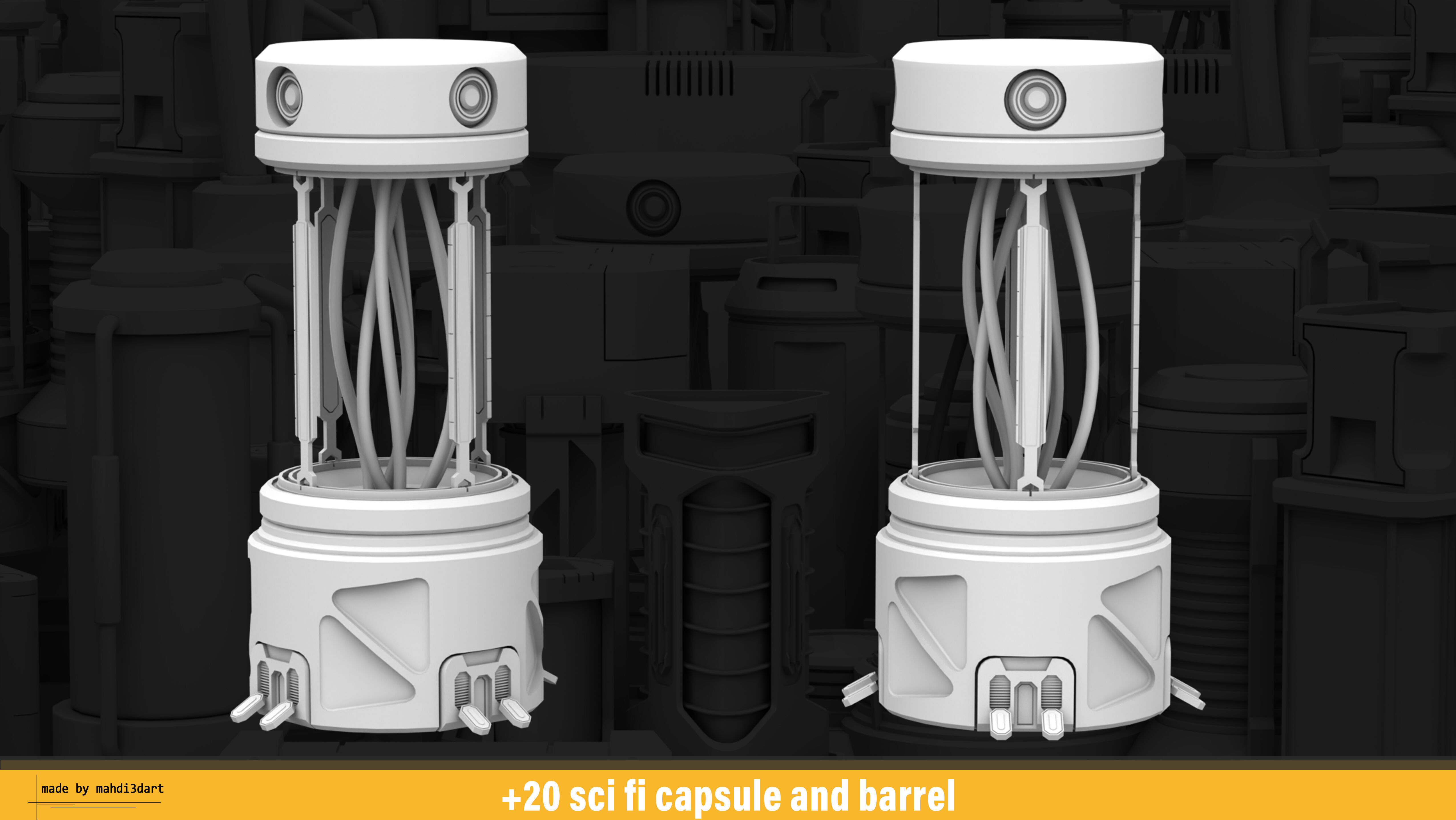 20 sci fi capsule and barrel kitbash 3D model_12