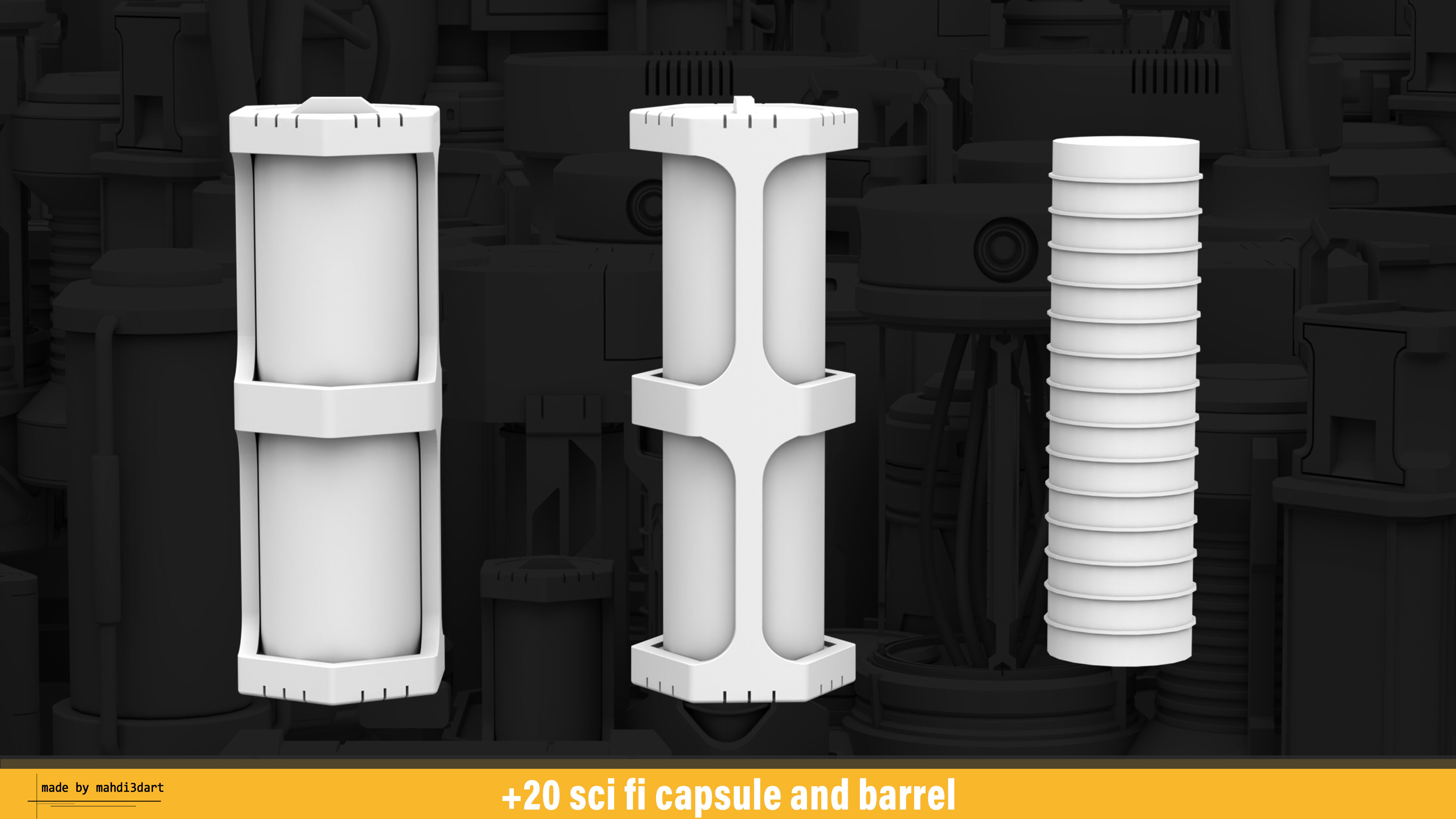 20 sci fi capsule and barrel kitbash 3D model_8