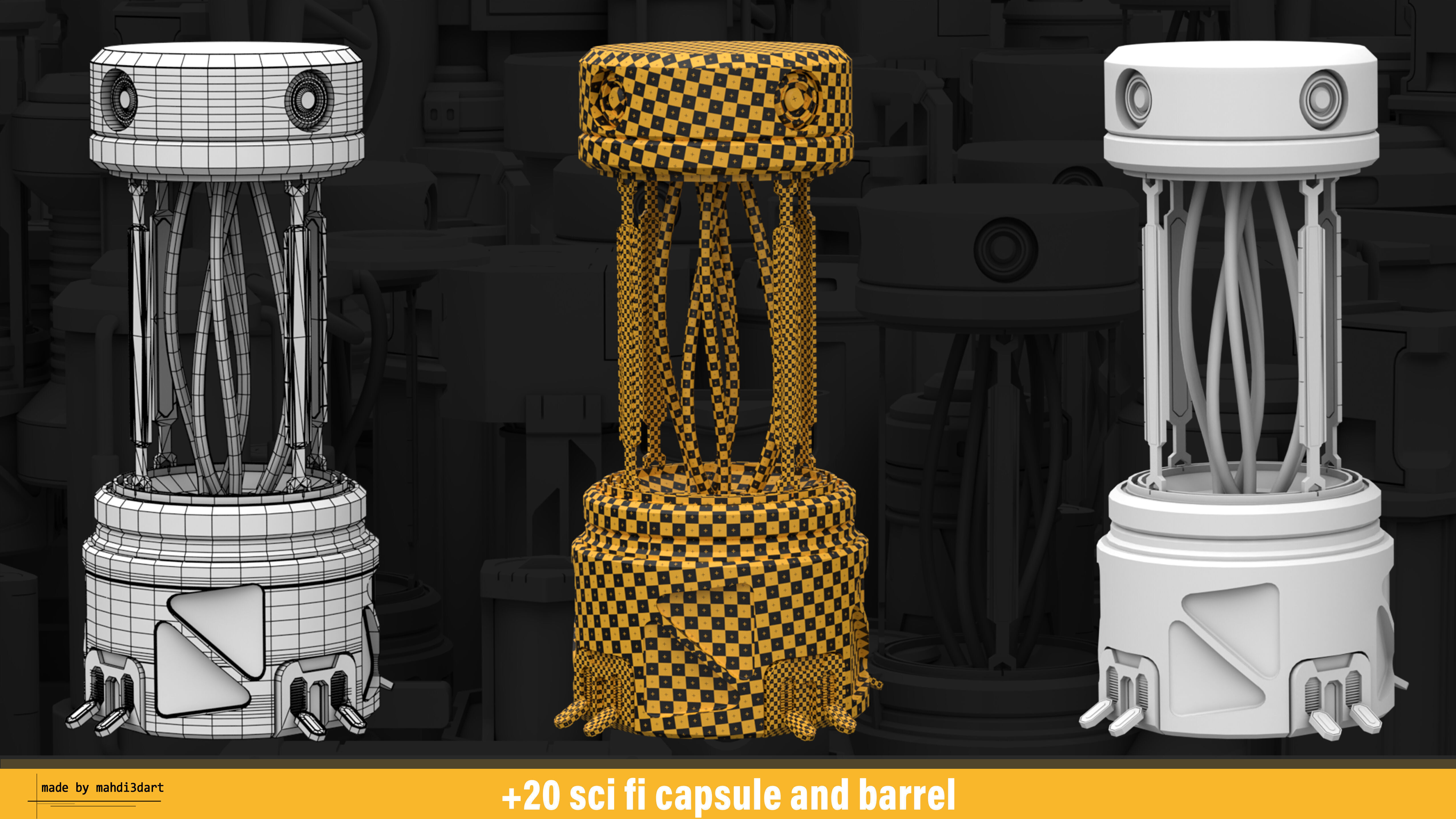 20 sci fi capsule and barrel kitbash 3D model_2