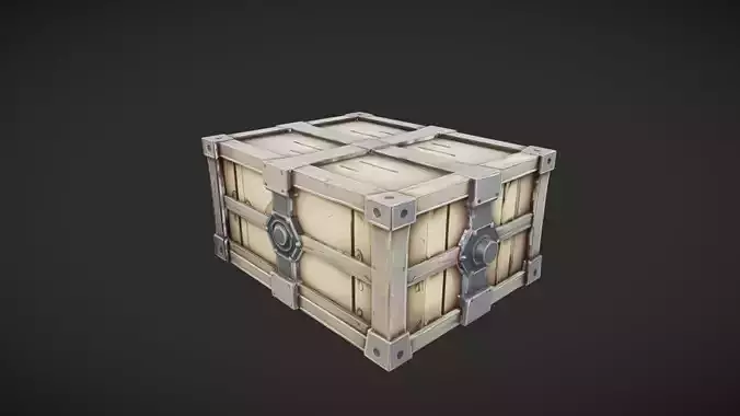 A wooden crate with metal reinforcements