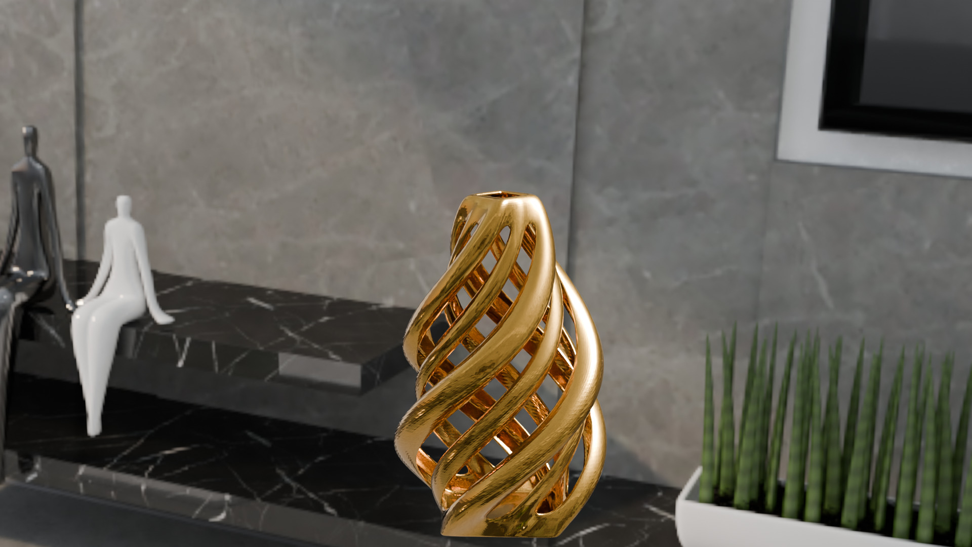 Golden Spiral Vase High-Quality 3D Model Low-poly 3D model_4