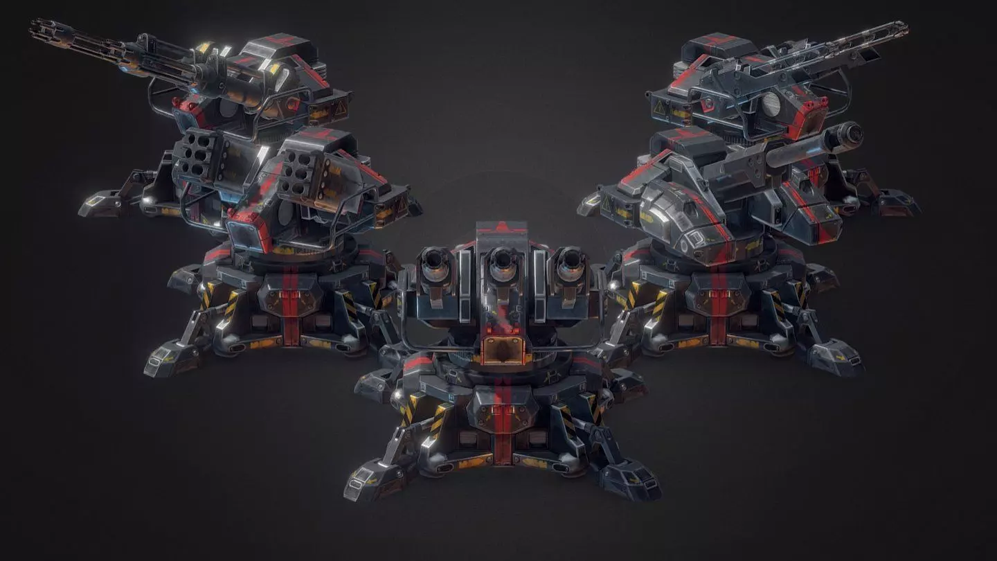 Five types of mechanical turrets Low-poly 3D model_0
