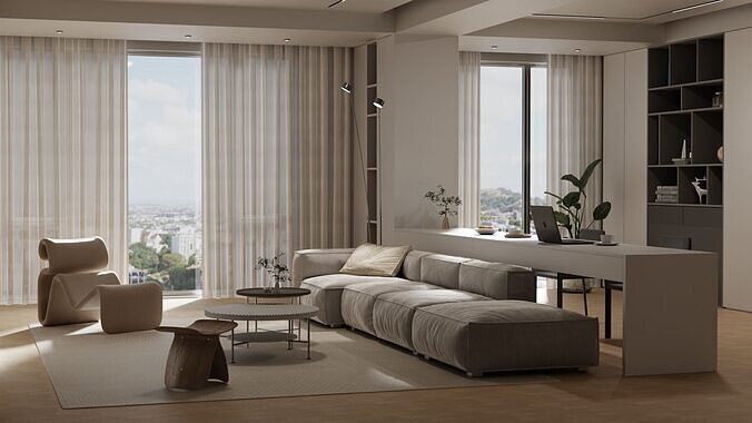 Log modern style livingroom 3D model 2