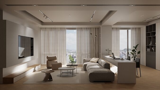 Log modern style livingroom 3D model 3