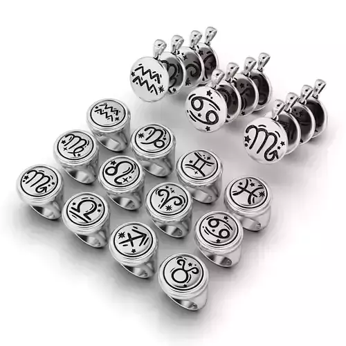 Complete Zodiac Jewelry Set Astrological Rings and  Pendants 3D Model Collection