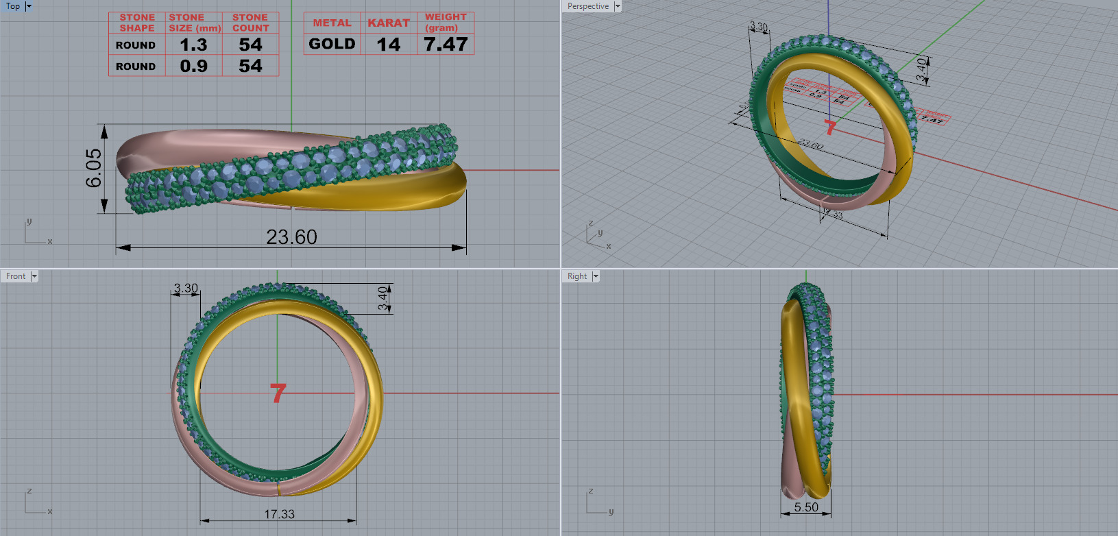 Cartie Trinity ring small model half paved 3D print model_7