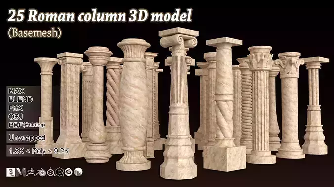 25 Roman column 3D Model Basemesh