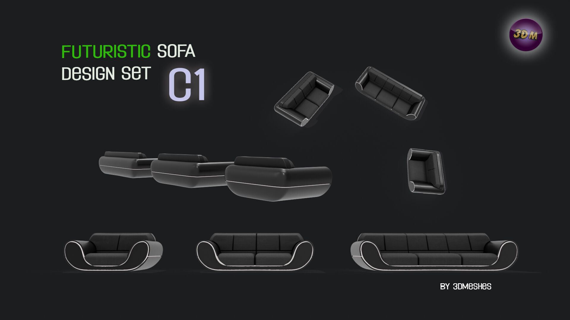 Futuristic Sofa Design Set - C1 with STL Low-poly 3D model_12