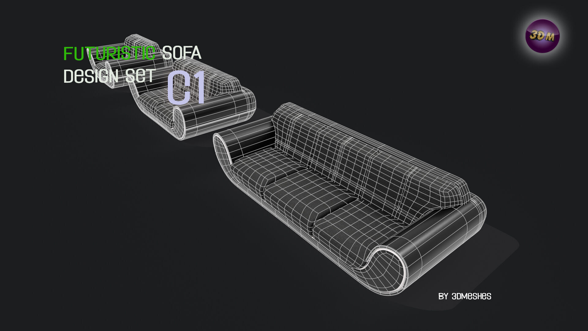 Futuristic Sofa Design Set - C1 with STL Low-poly 3D model_9