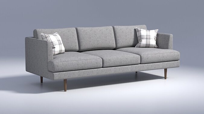 3 Seater Fabric Sofa with Pillows - Grey Fabric 3D model