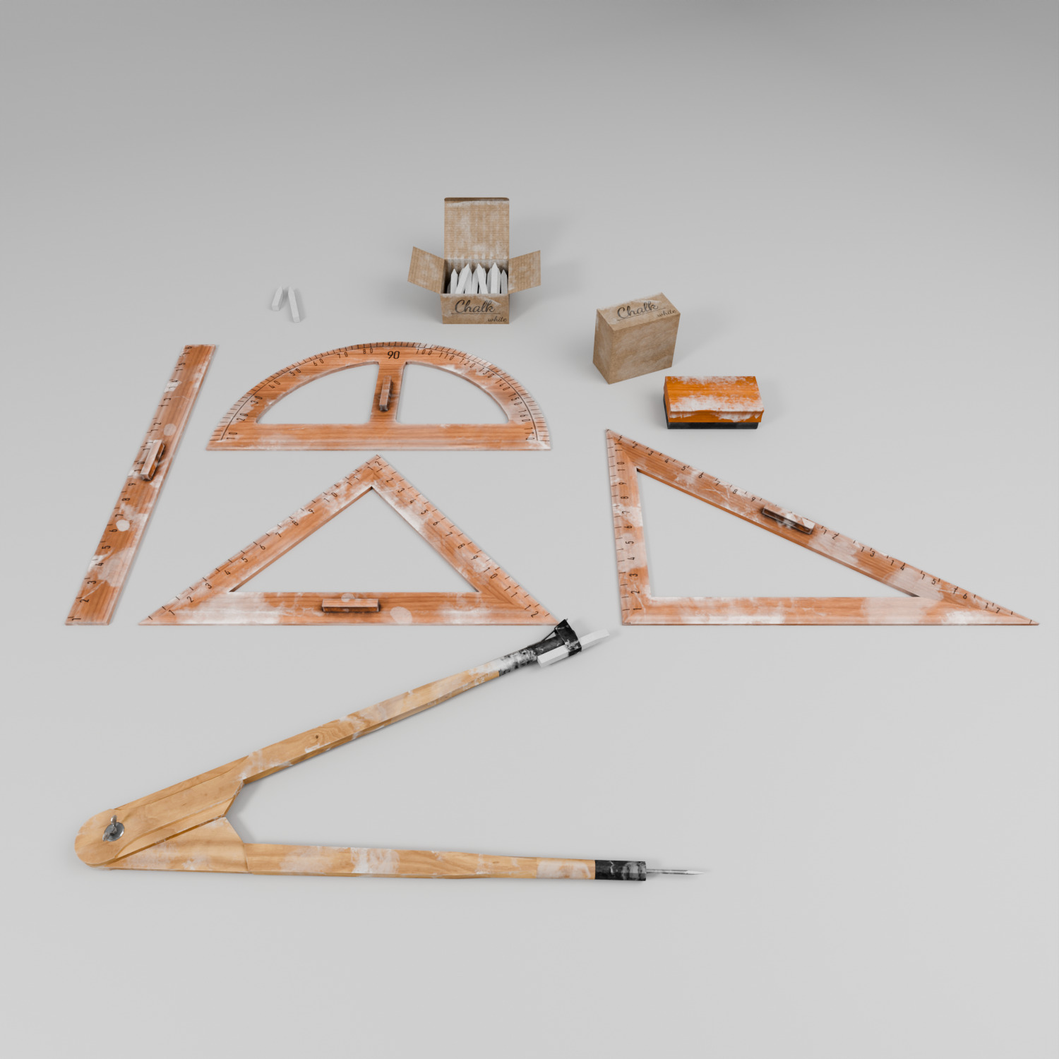 Old Vintage School Chalkboard Tools Set  Low-poly 3D model_1