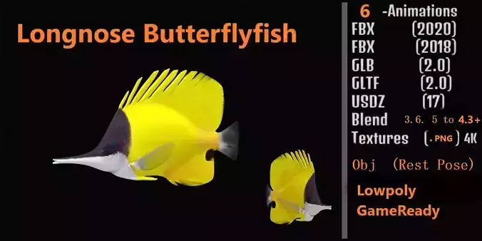 Longnose Butterflyfish Low-poly 3D model