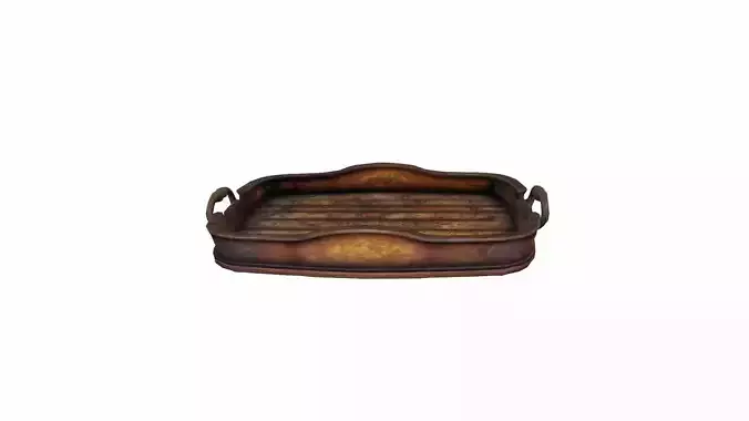 High Resolution Serving Wooden And Silver Tray 3d Model
