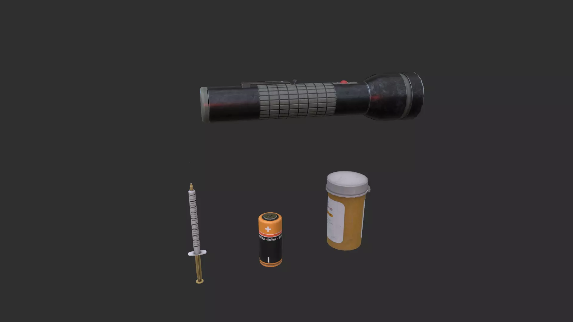Flashlight and battery and medicine and syringe models Low-poly 3D model_0