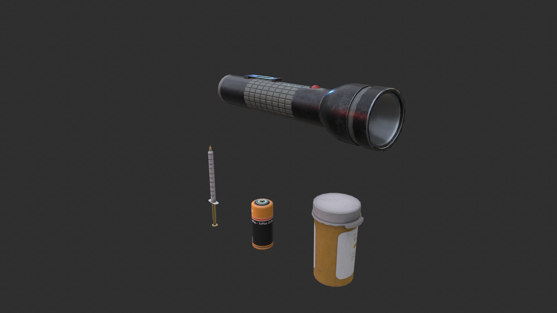 Flashlight and battery and medicine and syringe models Low-poly 3D model_2