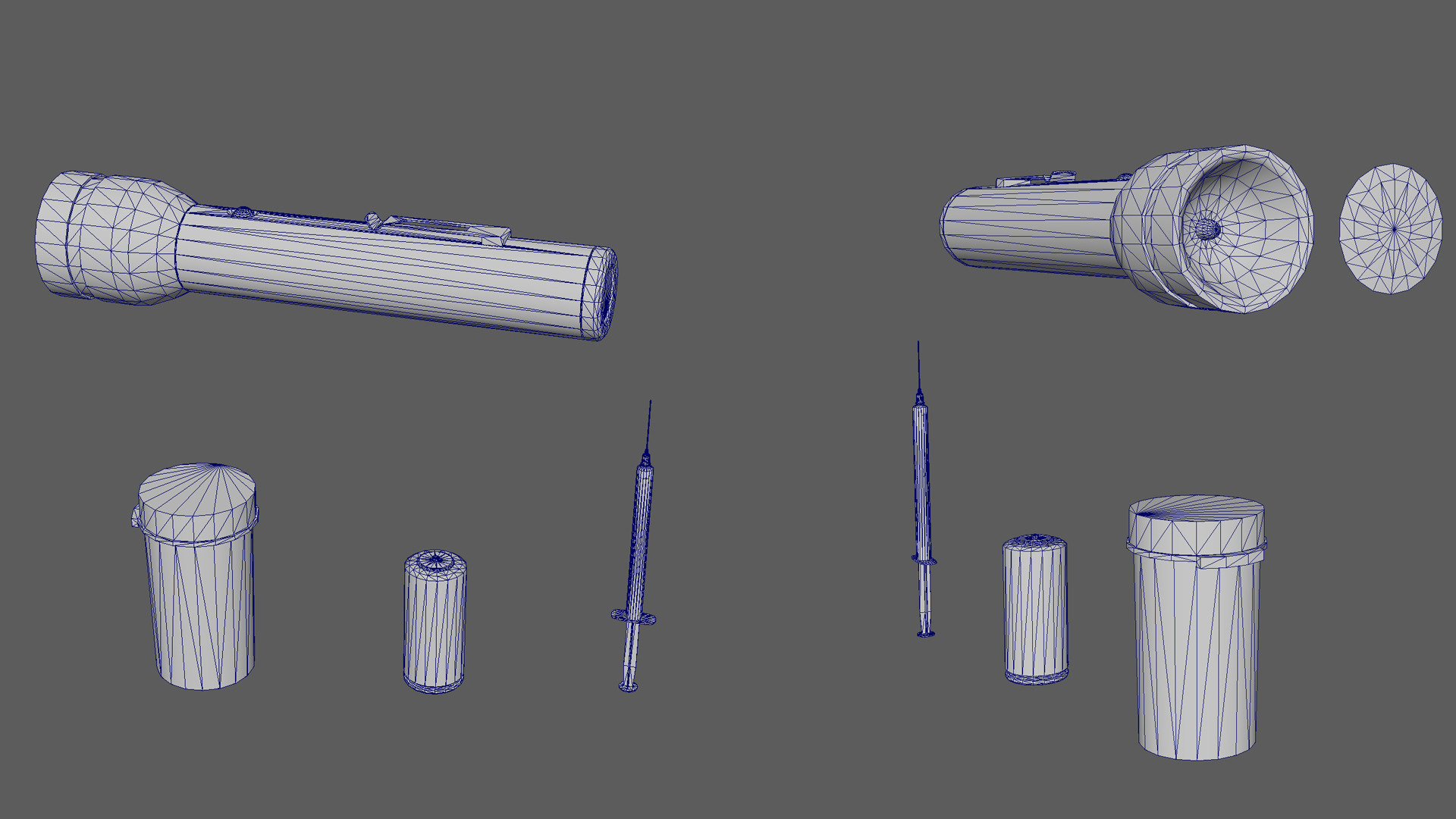 Flashlight and battery and medicine and syringe models Low-poly 3D model_8