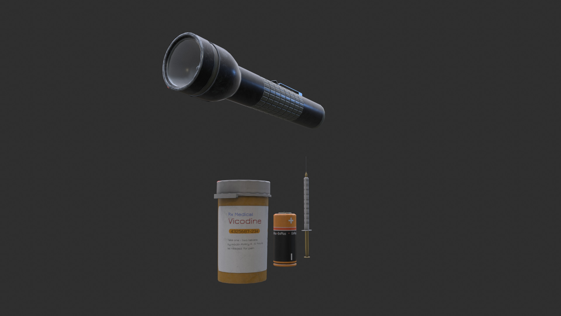 Flashlight and battery and medicine and syringe models Low-poly 3D model_5