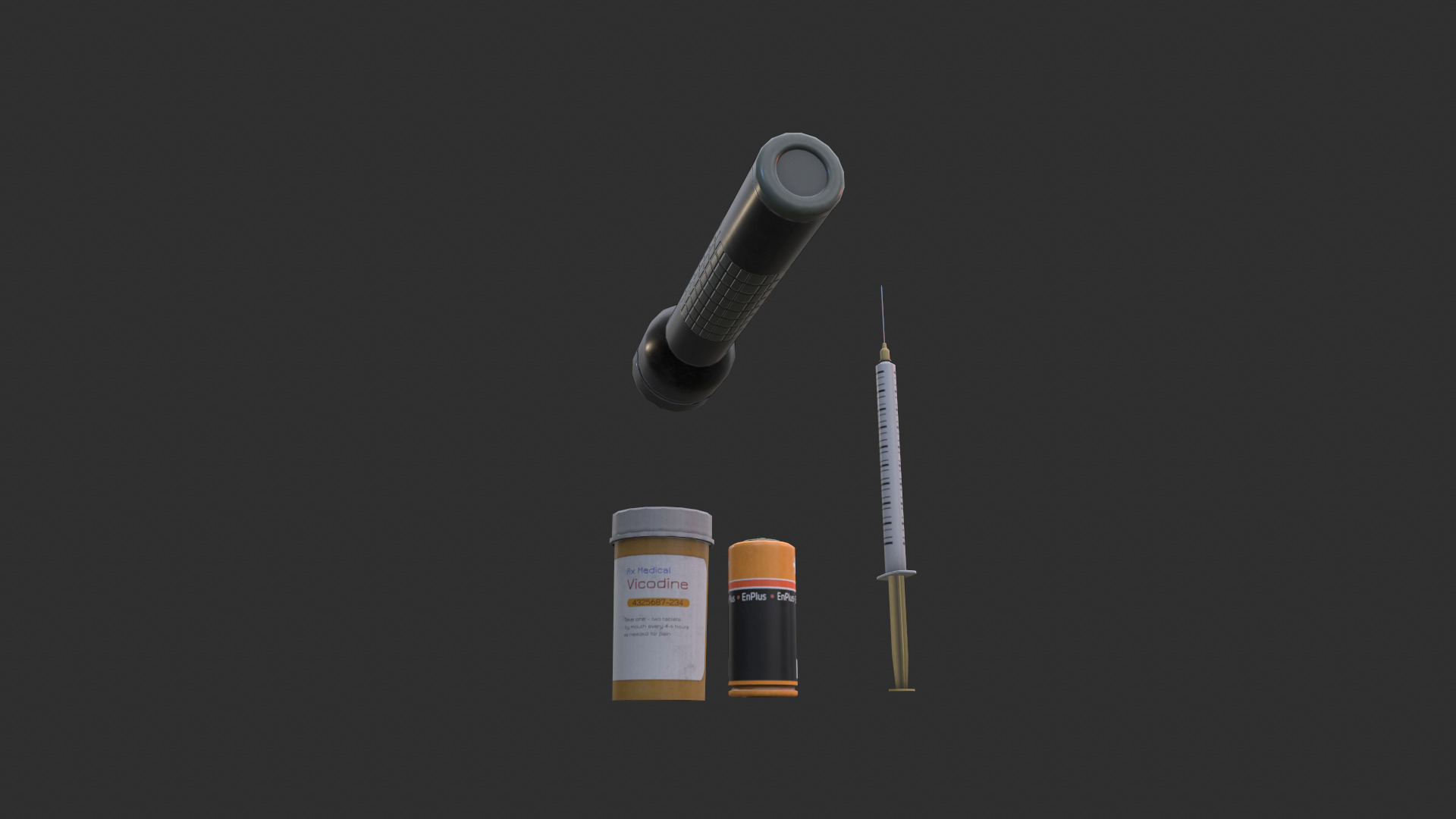 Flashlight and battery and medicine and syringe models Low-poly 3D model_6