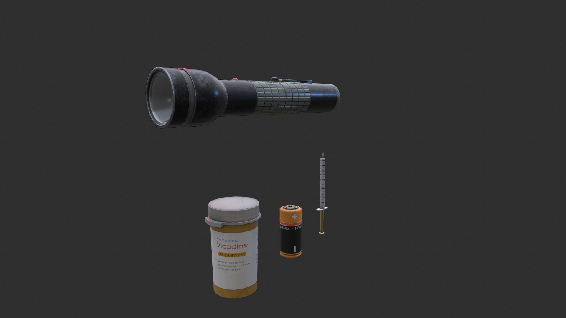 Flashlight and battery and medicine and syringe models Low-poly 3D model_3