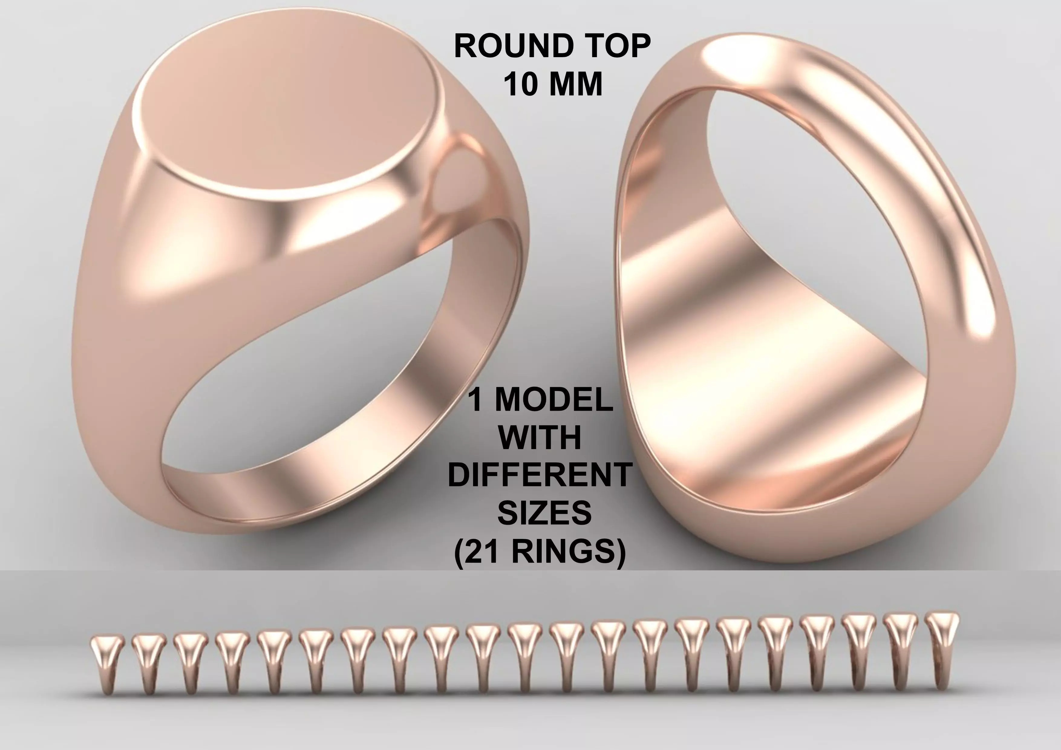Round signet Ring Base 10mm top in All sizes 157-MWC 3D print model_0