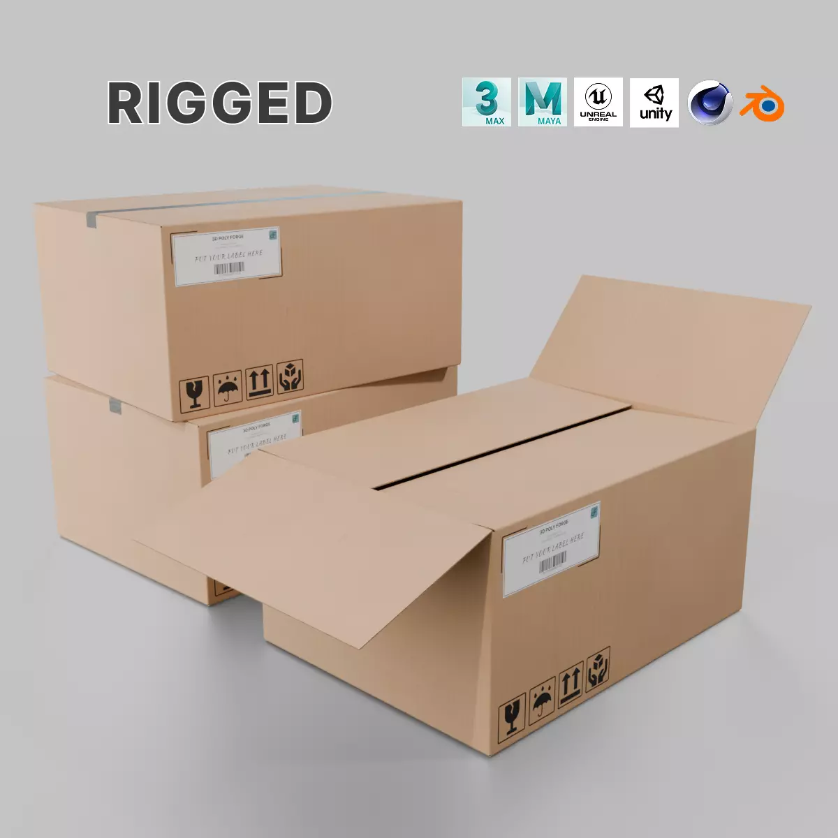 Rectangular Cardboard Box - Rigged and Fully Customizable Low-poly 3D model_0
