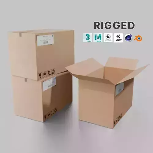 Rectangular Deep Cardboard Box - Rigged and Fully Customizable Low-poly 3D model