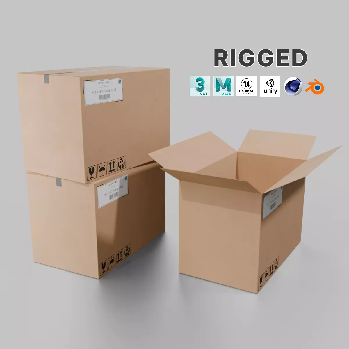 Rectangular Deep Cardboard Box - Rigged and Fully Customizable Low-poly 3D model_0