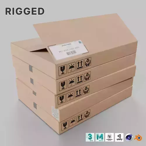 Rectangular Flat Cardboard Box - Rigged and Fully Customizable Low-poly 3D model
