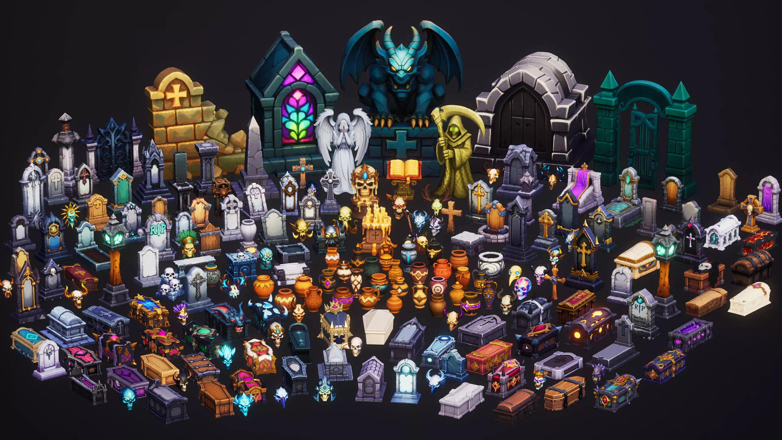 Stylized Mega Graveyard Asset Bundle - 200 Gameready Asset Low-poly 3D model_0