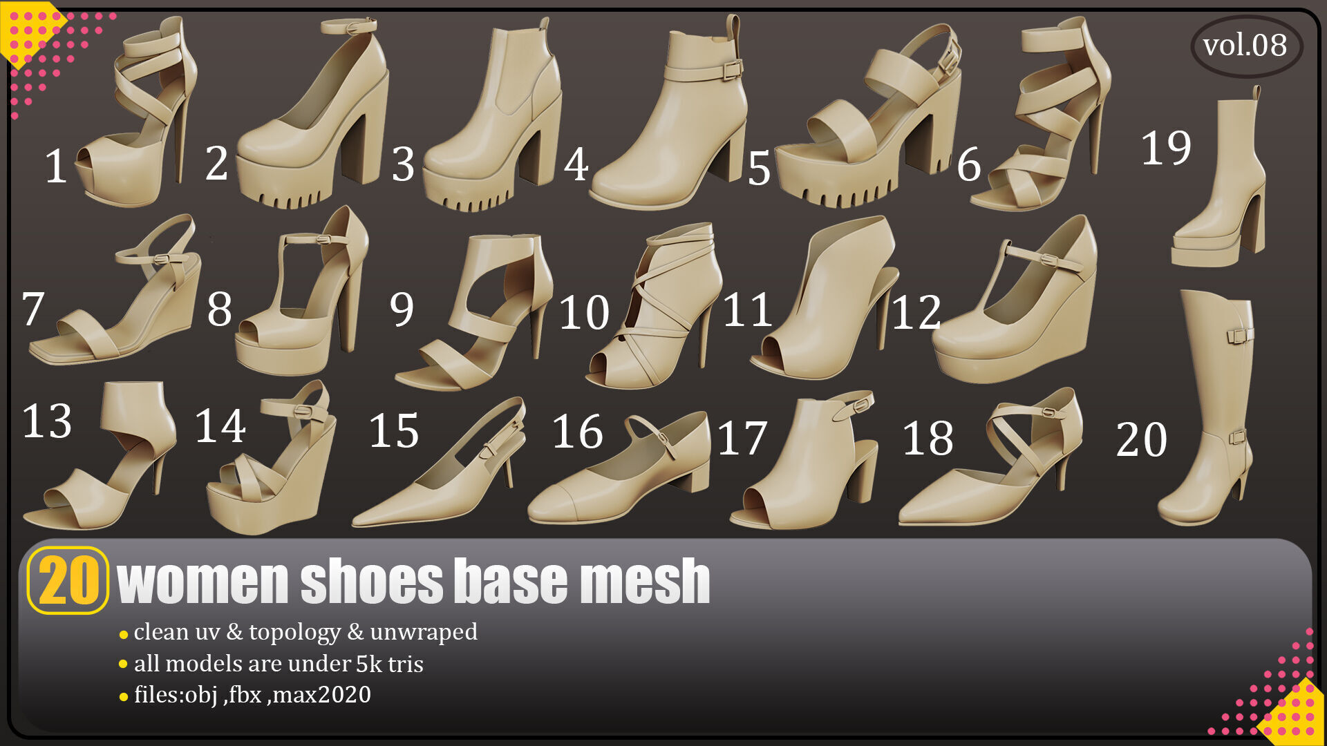 20 women shoes lowpoly basemesh Low-poly 3D model Low-poly 3D model_3