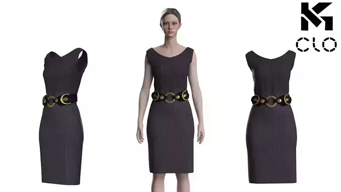 Navy Sheath Striped Dress with Statement Belt 3D Model 4K CLO 3D