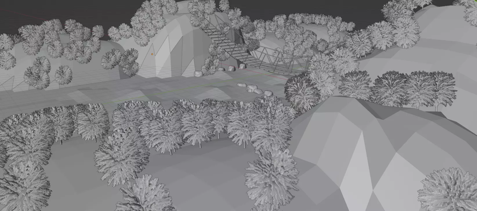 Landscape with Hanging Bridge tress river signboard Free low-poly 3D model