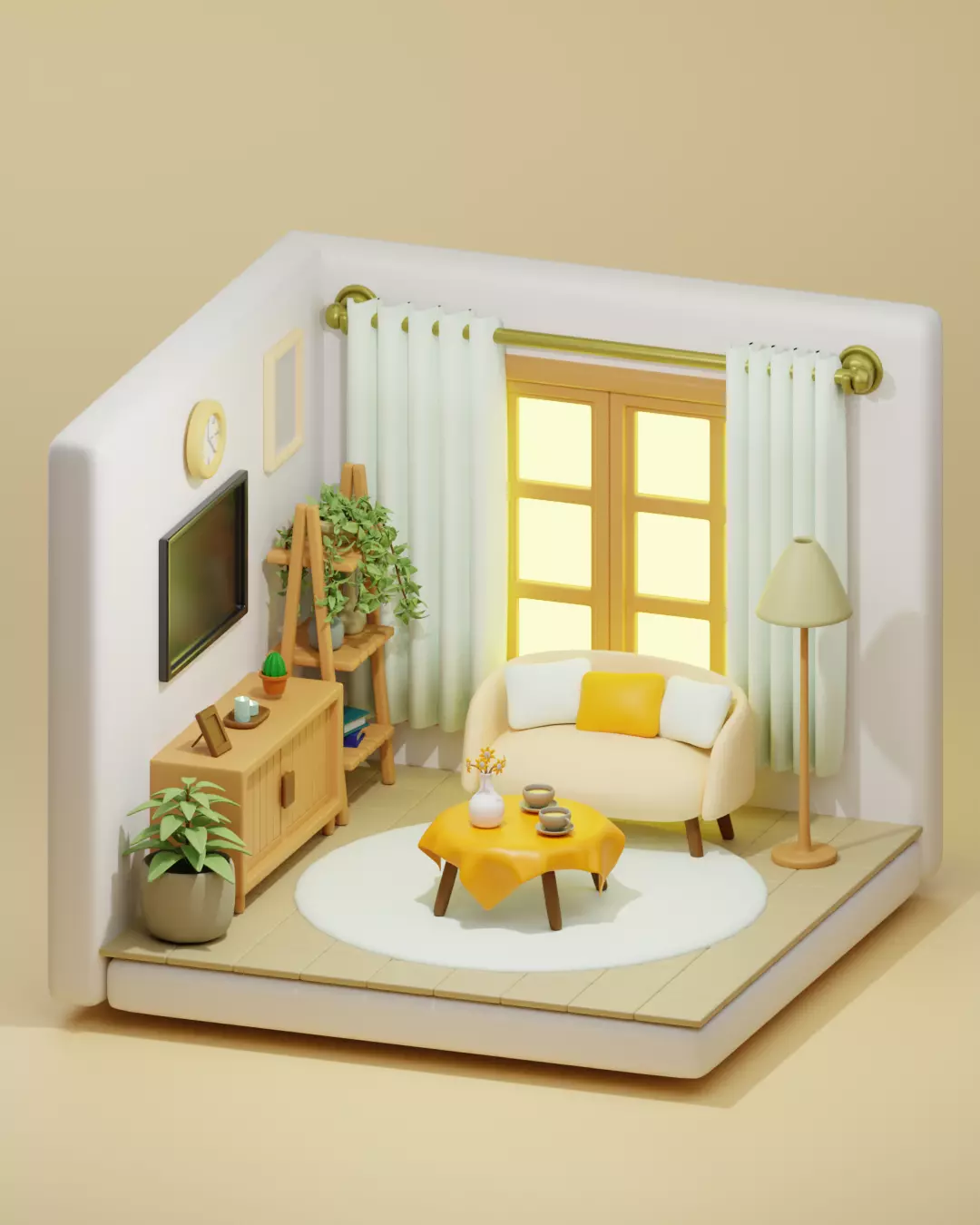 Cozy Isometric Living Room - 3D Low Poly Interior Design Low-poly 3D model_0