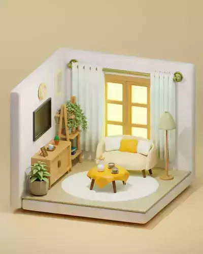 Cozy Isometric Living Room - 3D Low Poly Interior Design