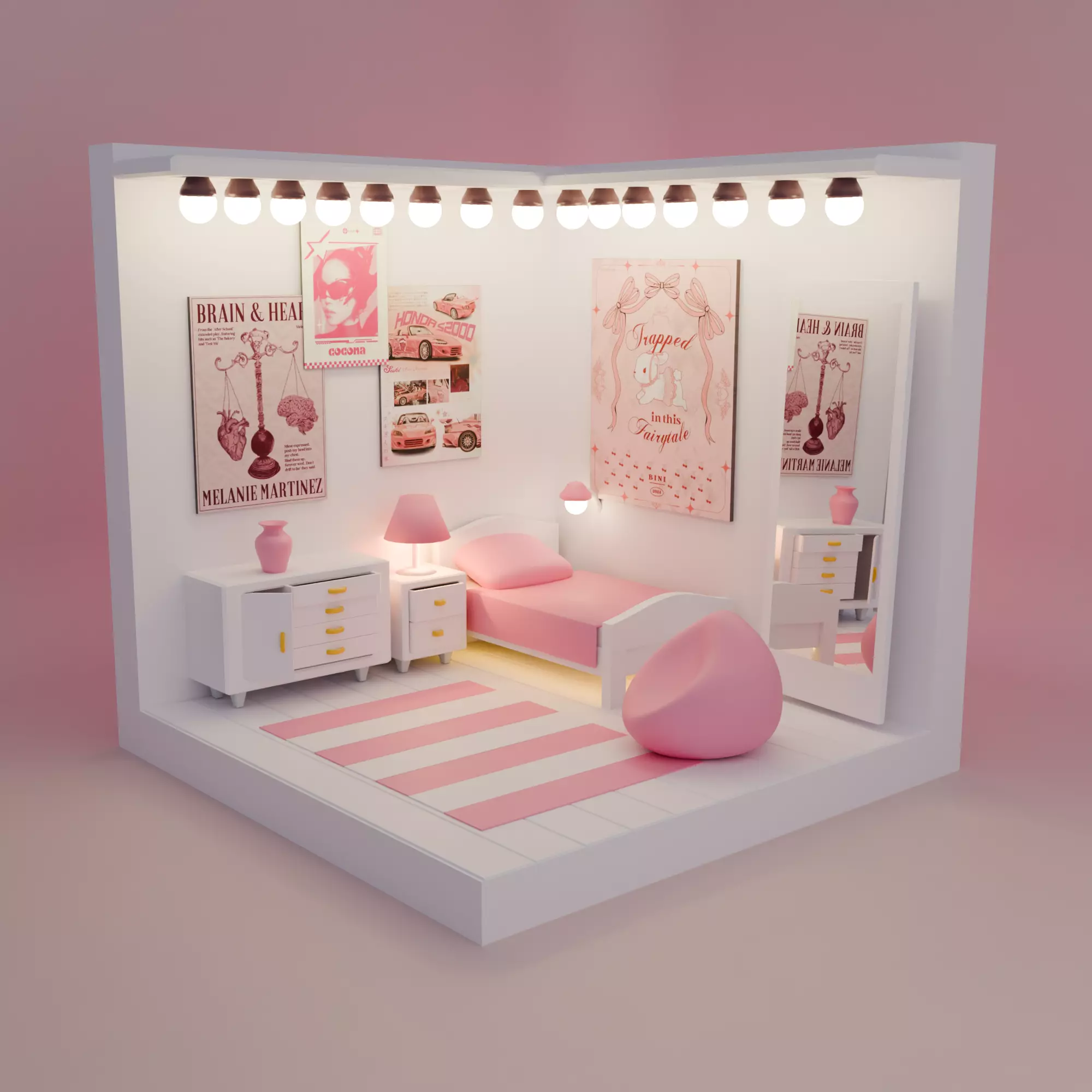 Stylezed bedroom for games or cartoon Free low-poly 3D model