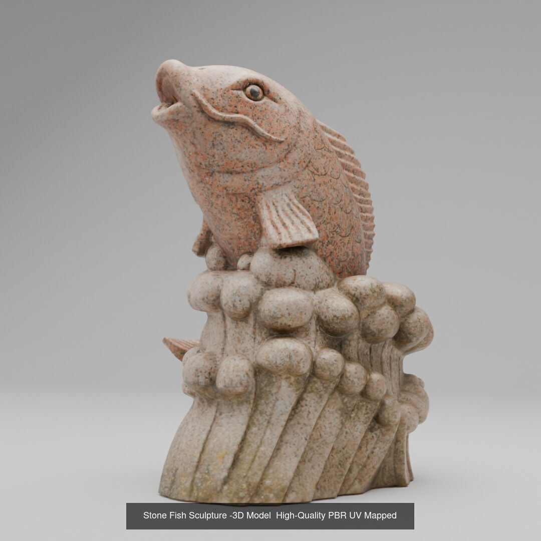 Stone Fish Sculpture and Ancient Guardian Rodent Statue 3D Model Collection_1