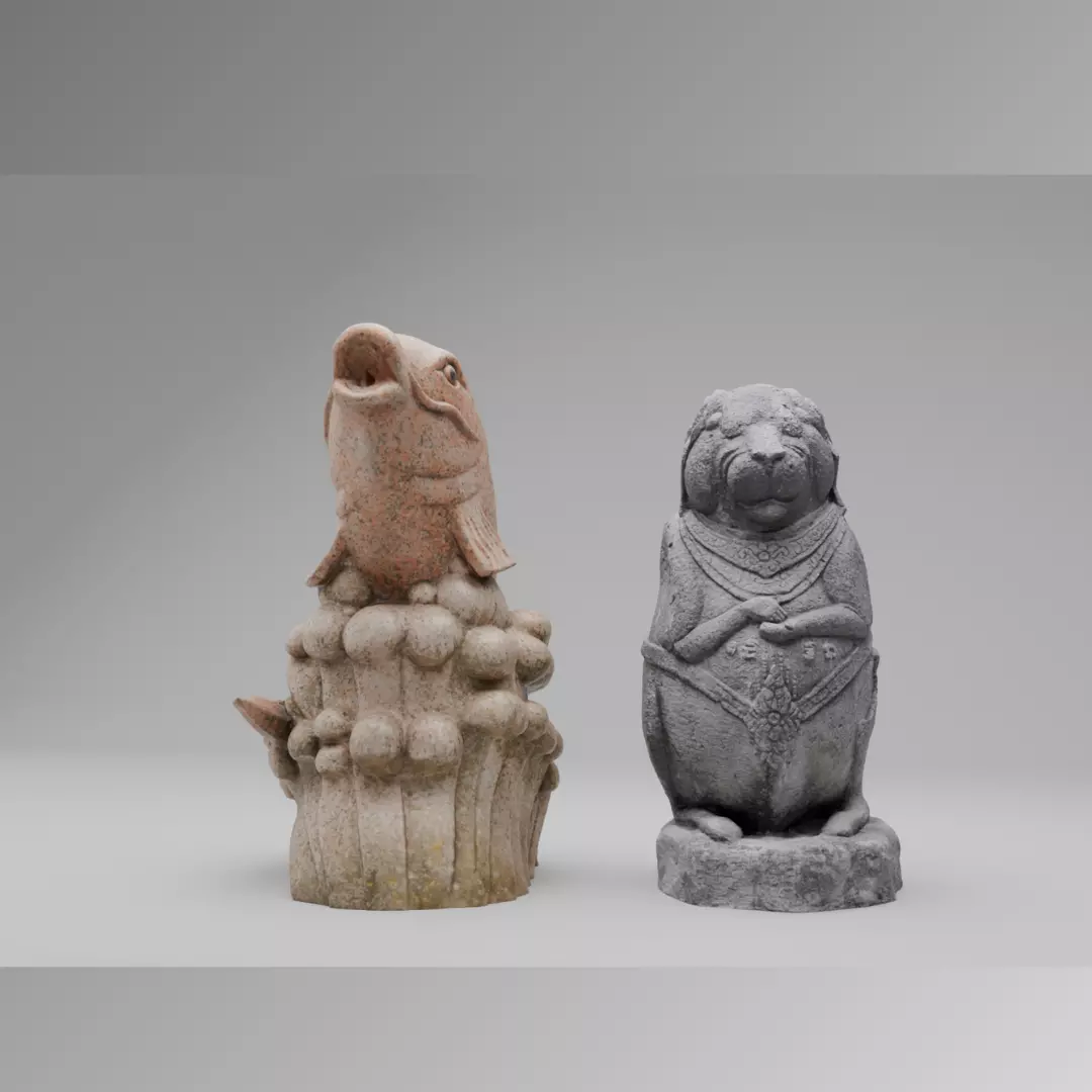 Stone Fish Sculpture and Ancient Guardian Rodent Statue 3D Model Collection_0