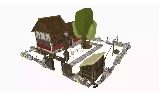 Low Poly 3D Medieval House with Interior Props Optimized Games  Low-poly 3D model