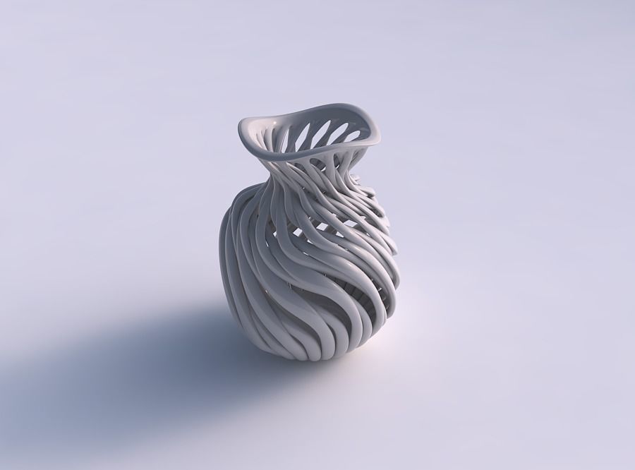 Vase oval squeezed neck with muscle structure wavy top 3D print model_0