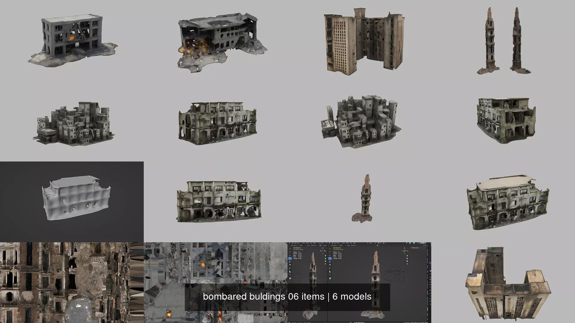 bombared buldings 06 items 3D Model Collection_0