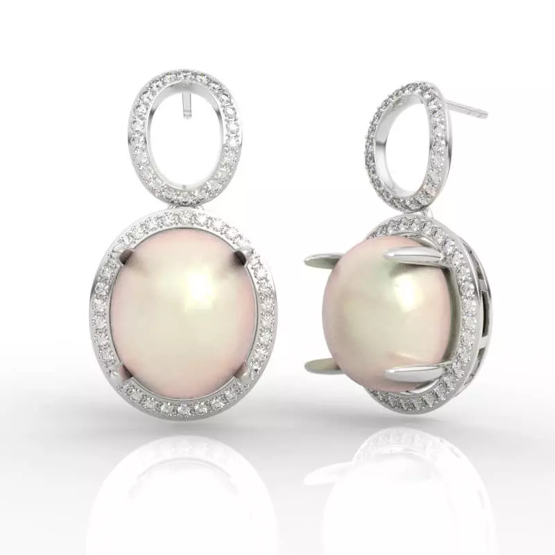 Diamond Halo Pearl Studs Earrings 3D print model